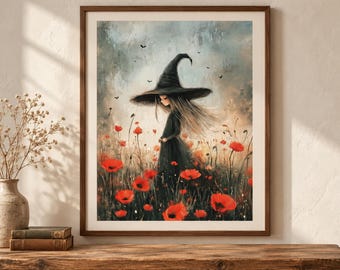 May include: A framed wall art print depicting a figure wearing a tall black pointed hat and a long dark dress, standing in a field of vibrant red poppies under a cloudy sky with small flying birds, presented in a brown wooden frame.