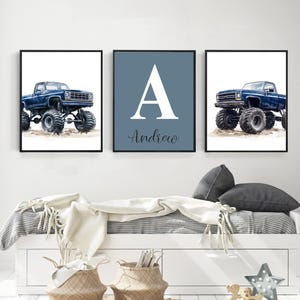 Impresiones de transporte personalizadas para guardería, arte de pared imprimible con nombre personalizado, camiones monstruo para habitación de niño, carteles de camiones, impresión digital, H3168