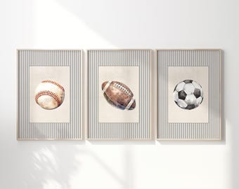 Sports Ball Nursery Wall Art Set – Baseball Football Soccer Prints – Boys Room Decor – Sports Theme Printable Art – Instant Download