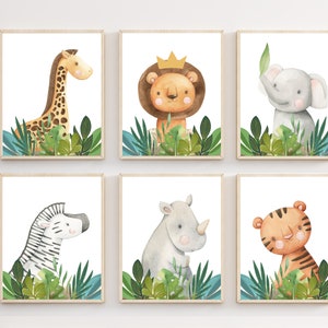 May include: Set of six watercolor illustrations featuring jungle animals, including a giraffe, lion, elephant, zebra, rhinoceros, and tiger. Each animal is depicted in a whimsical style with a white background and green foliage.