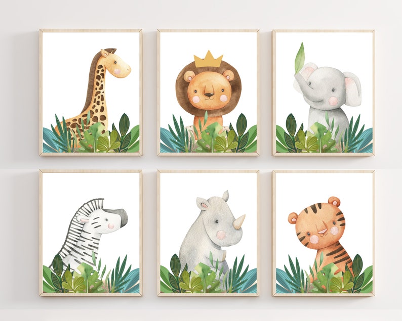 May include: Set of six watercolor illustrations featuring jungle animals, including a giraffe, lion, elephant, zebra, rhinoceros, and tiger. Each animal is depicted in a whimsical style with a white background and green foliage.
