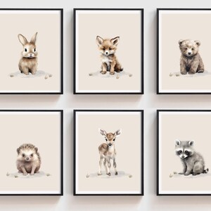 May include: Set of six watercolor illustrations of baby animals, including a rabbit, fox, bear, hedgehog, deer, and raccoon. Each animal is depicted in a cute and whimsical style, with a soft, pastel color palette. The illustrations are perfect for adding a touch of nature to any room.