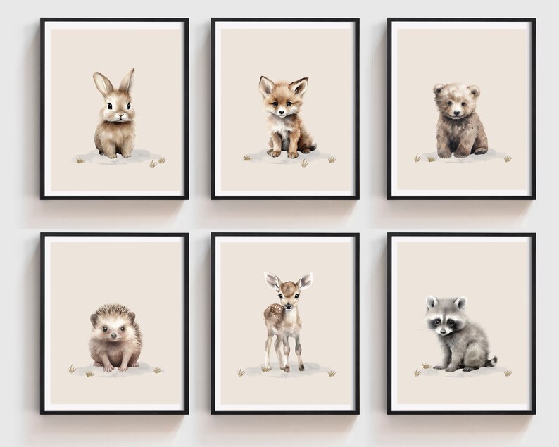 May include: Set of six watercolor illustrations of baby animals, including a rabbit, fox, bear, hedgehog, deer, and raccoon. Each animal is depicted in a cute and whimsical style, with a soft, pastel color palette. The illustrations are perfect for adding a touch of nature to any room.
