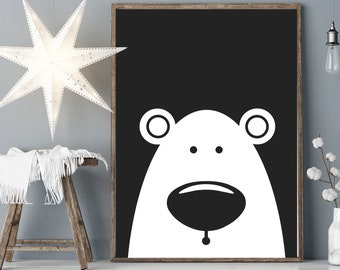 Bear nursery wall art - Nursery black and white bear print - Black bear decor - Bear nursery print - Kids room decor - Black white nursery