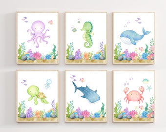 Under the Sea Nursery Prints, Nautical Ocean Animal Posters, Nursery Prints Set, Sea Animal Wall Art, Playroom Decor, Digital file H2975