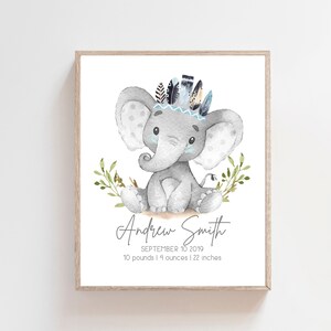 May include: A watercolor illustration of a gray elephant wearing a blue and black feather headdress. The elephant is sitting on a green leafy branch. The text below the elephant reads "Andrew Smith, September 10, 2019, 10 pounds 14 ounces, 22 inches".