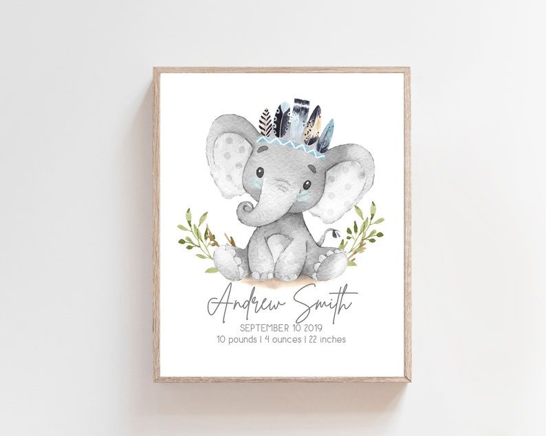 May include: A watercolor illustration of a gray elephant wearing a blue and black feather headdress. The elephant is sitting on a green leafy branch. The text below the elephant reads "Andrew Smith, September 10, 2019, 10 pounds 14 ounces, 22 inches".