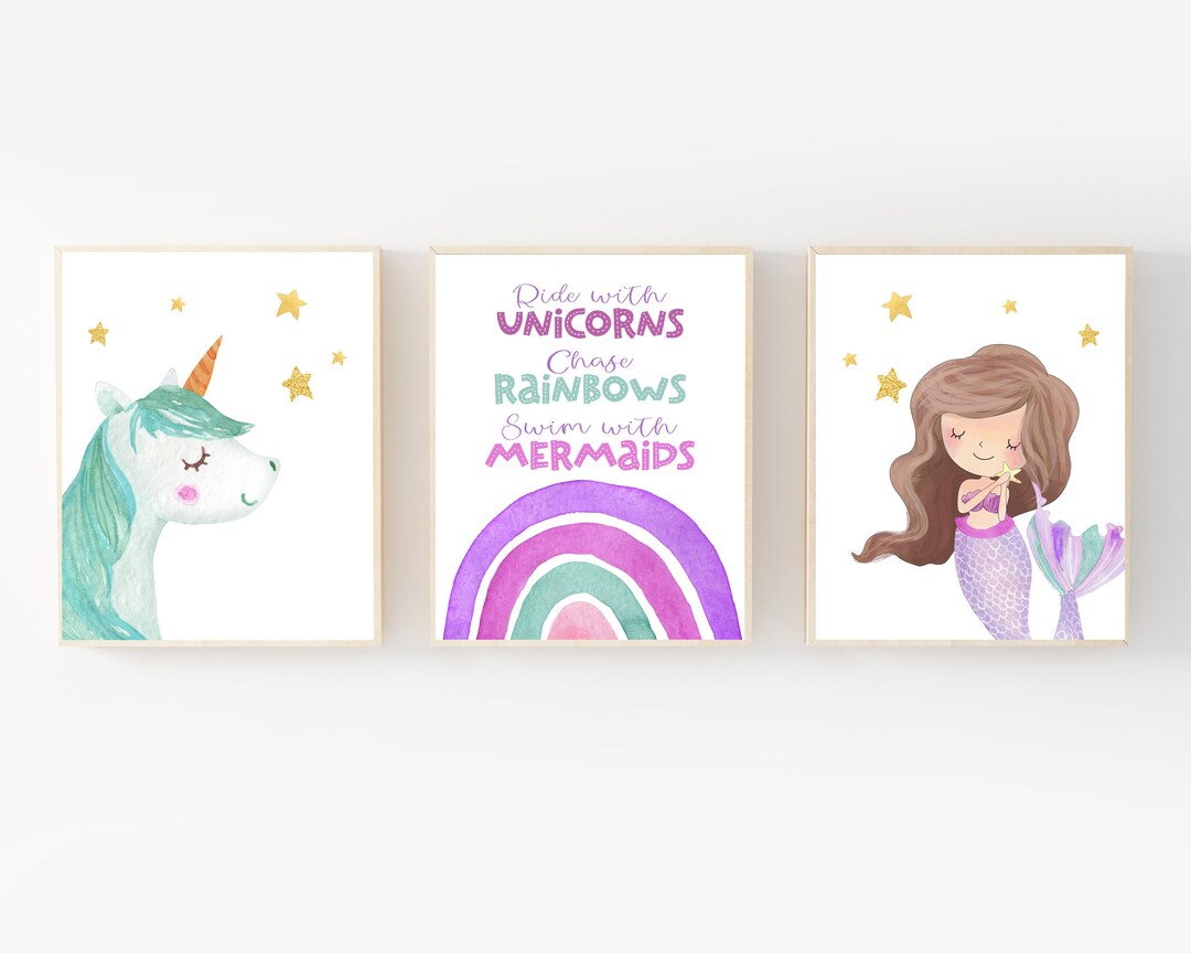 Mermaid Wall Decor - Unicorn Wall Art - Rainbow Art Print - Girls Room ...