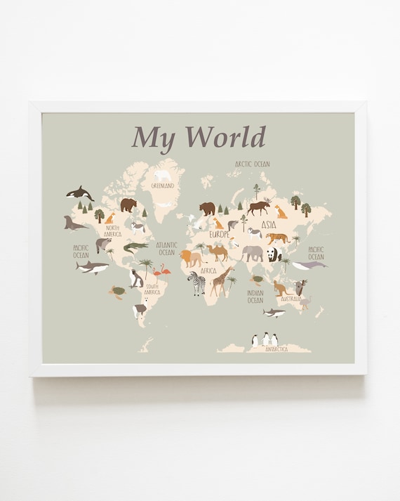 World map wall art - World map decor - Animal world map print - Kids room map - Kids world map - Printable world map for kids -  H2295