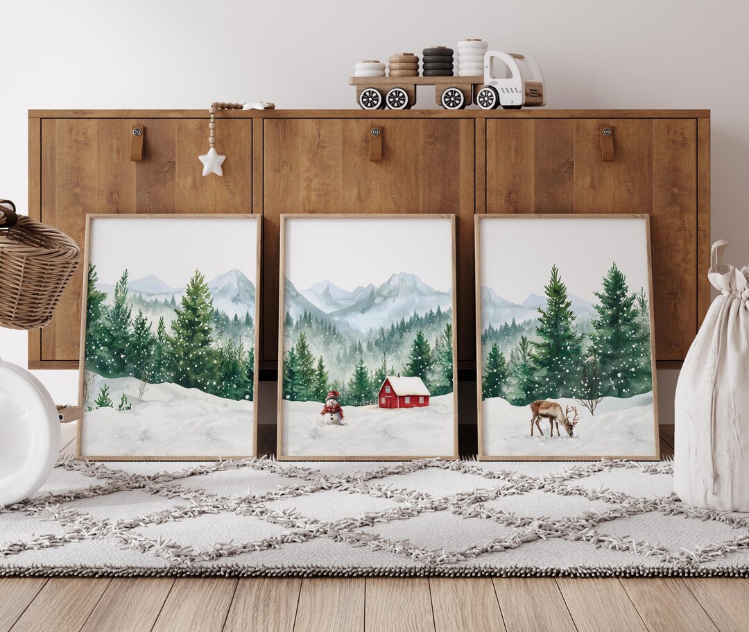 Winter Forest Landscape Wall Art Set of 3 – Snowy Cabin & Reindeer ...