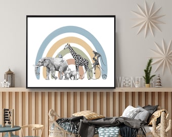 May include: A black and white illustration of a rainbow with an elephant, giraffe, monkey, and two smaller animals walking under it. The rainbow is made up of blue, yellow, and green stripes.