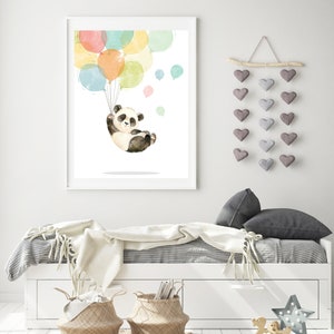 May include: A watercolor illustration of a panda bear holding onto colorful balloons. The panda is wearing a black and white fur coat and is smiling. The balloons are in shades of pink, yellow, green, and blue.