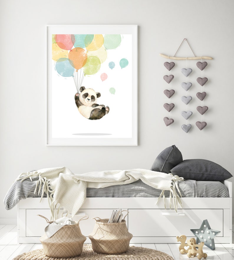 May include: A watercolor illustration of a panda bear holding onto colorful balloons. The panda is wearing a black and white fur coat and is smiling. The balloons are in shades of pink, yellow, green, and blue.