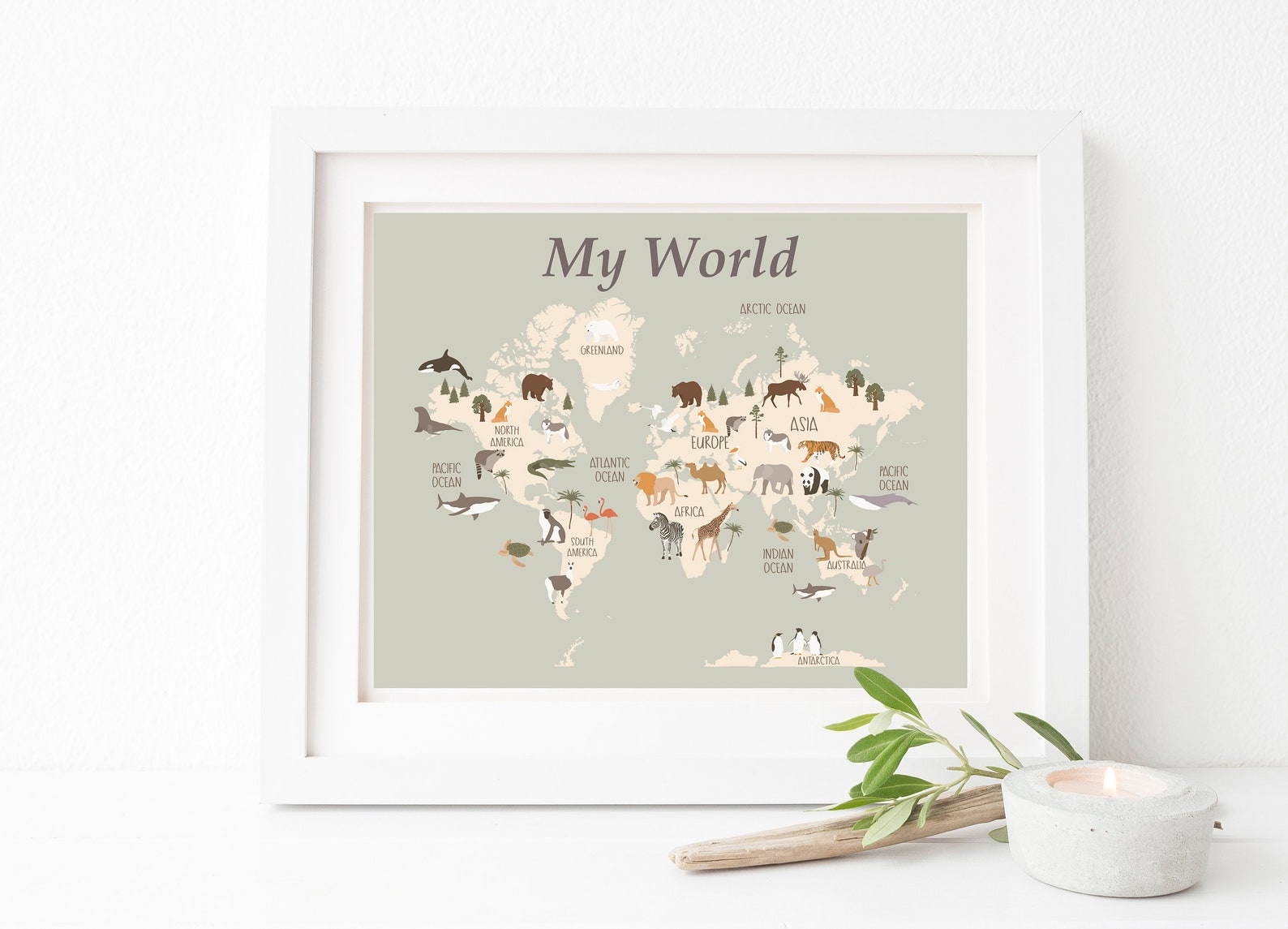World Map Wall Art - World Map Decor - Animal World Map Print - Kids ...