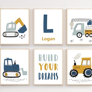Personalisierte Transport Kinderzimmer Drucke, Individuelle Name druckbare Wandkunst, Junge Zimmer LKW Dekor, Set von 6 Drucken, digitaler Download, H3161