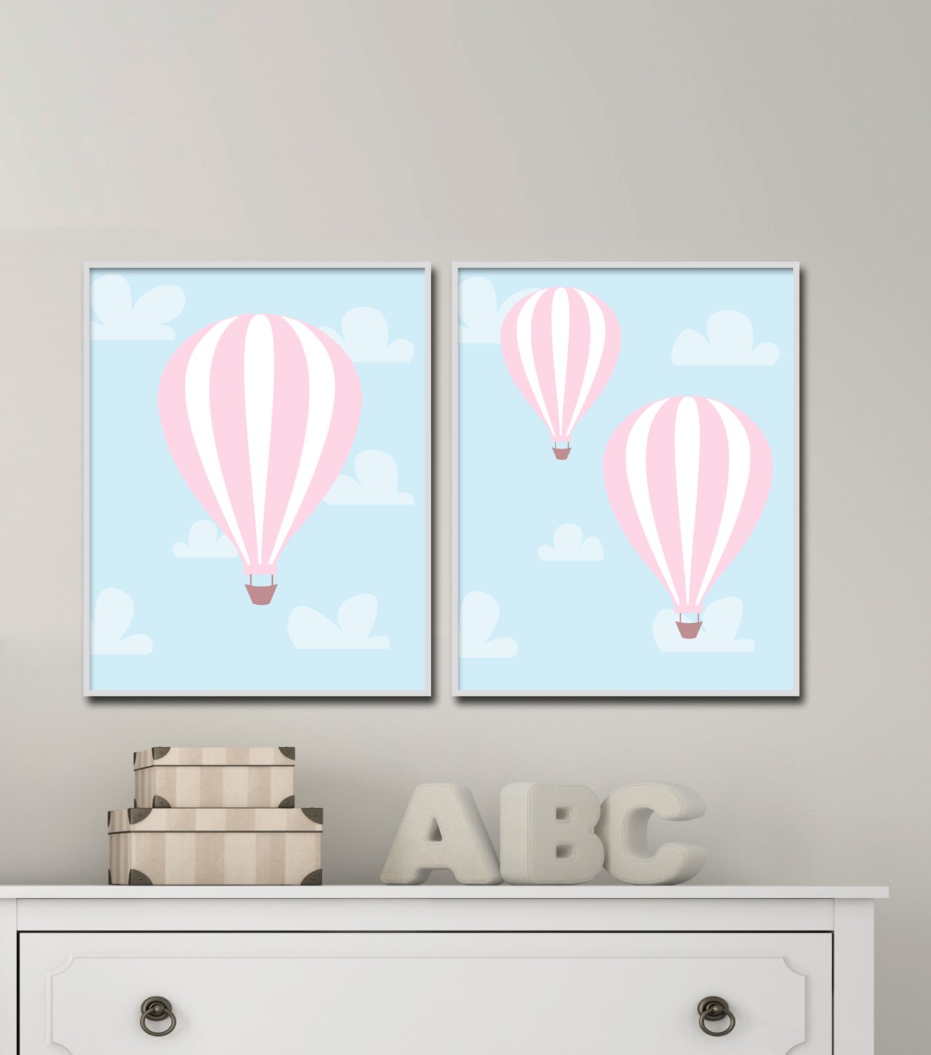 Hot Air Balloon Nursery Art Print Set Pink and Blue Air Etsy