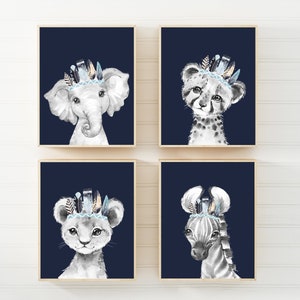 Marineblauwe kinderkamerafdruk - inrichting jongen kinderkamer - babydierenprints - kunst aan de muur kinderkamer - jongenskamerinrichting - aquarelafdrukken kinderkamer - afdrukbaar