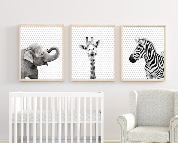 Black and White Safari Animals, Nursery Art Print Set, Black and