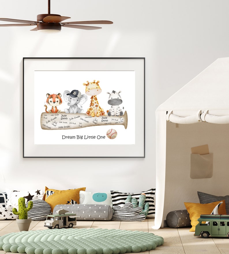 May include: A watercolor illustration of a tiger, elephant, giraffe, and zebra sitting on a baseball bat. The bat is signed with the name "Julie Smith" and the text "Dream Big Little One".