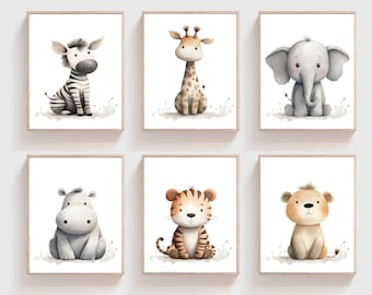 May include: Set of six watercolor illustrations featuring various animals, including a zebra, giraffe, elephant, hippopotamus, tiger, and lion. Each animal is depicted in a cute, cartoon style with a white background.