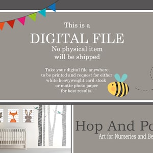 May include: Digital file download for printable nursery art featuring a woodland animal theme with a raccoon, fox, and rabbit. The text "Hop And Pop Art for Nurseries and Bedrooms" is at the bottom of the image.
