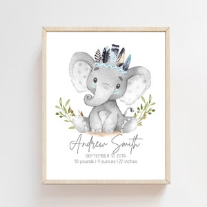 May include: A watercolor illustration of a gray elephant wearing a blue and black feather headdress. The elephant is sitting on a brown surface with green leaves. The text "Andrew Smith, September 10, 2019, 10 pounds 1 1/4 ounces | 22 inches" is below the elephant.