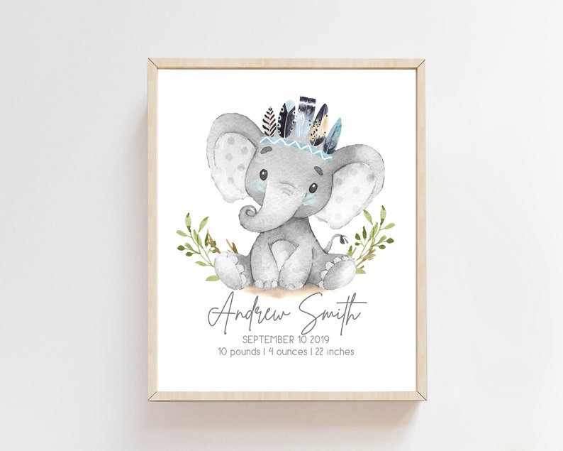 May include: A watercolor illustration of a gray elephant wearing a blue and black feather headdress. The elephant is sitting on a brown surface with green leaves. The text "Andrew Smith, September 10, 2019, 10 pounds 1 1/4 ounces | 22 inches" is below the elephant.
