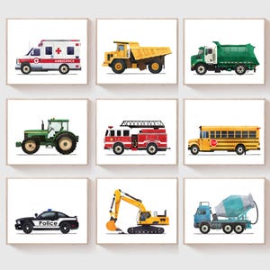 Transport Kinderzimmer Drucke, Jungenzimmer Wandkunst, Junge Kinderzimmer Autos Dekor, Autos LKW Bus Fahrzeuge Spielzimmer 9er Set, digitaler Download, H3057