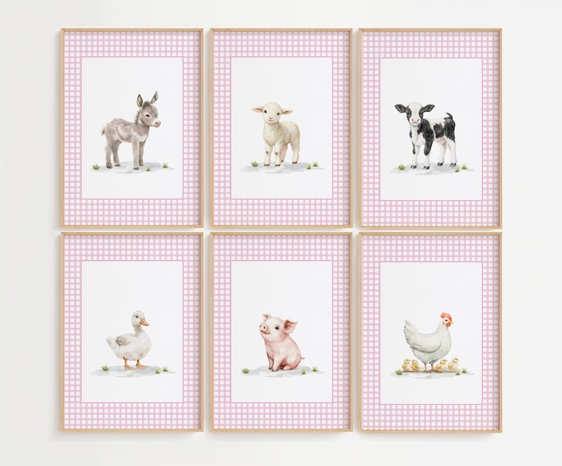 May include: Six framed watercolor prints featuring farm animals: a donkey, lamb, calf, duck, pig, and hen with chicks. Each animal is depicted on a white background with green accents, framed by a pink gingham pattern.