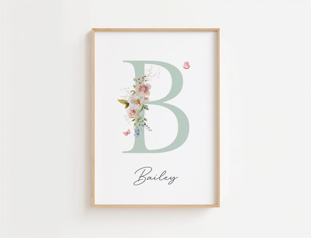 Personalized Floral Letter Wall Art – Custom Name Nursery Print ...