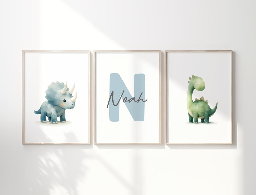 Personalized Dinosaur Nursery Wall Art – Custom Name Print Set of 3 ...