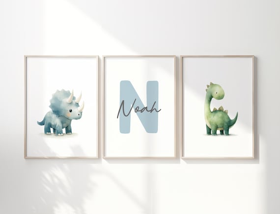 Personalized Dinosaur Nursery Wall Art – Custom Name Print Set of 3 – Kids Room Printable Dino Decor – Digital Download - H3483