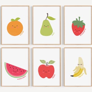 Conjunto de estampas de frutas coloridas, arte de parede para berçário, pôster educativo, download digital, decoração de quarto infantil, arte fofa de frutas, digital H3142