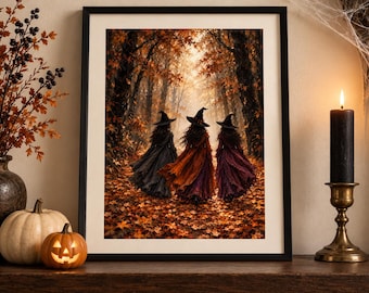 May include: A framed wall art print depicting three figures wearing pointed hats and long flowing cloaks walking through an autumn forest filled with orange and brown fallen leaves. The scene features tall trees and a soft, golden light filtering through the canopy.