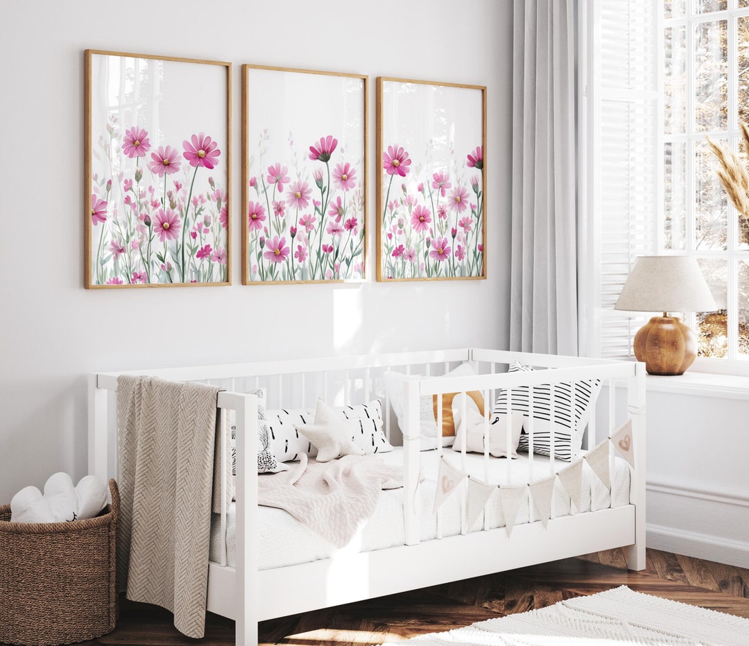 Pink Wildflower Art Set of 3, Flower Art, Modern Floral Prints, Daisy ...
