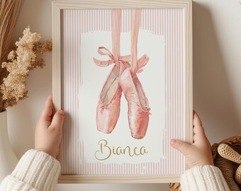 Ballerina Personalized Girls Wall Art, Ballerina Wall Art, Custom Ballerina Prints, Ballet Shoes Digital Download, Custom Name Poster, H3509