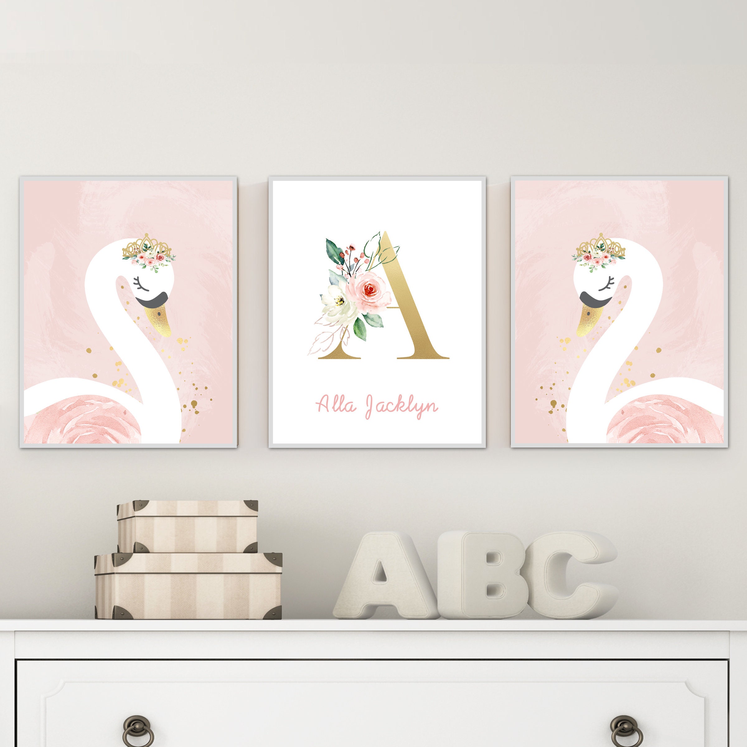 Swan Nursery Wall Art Blush Pink Nursery Girl Name Wall | Etsy