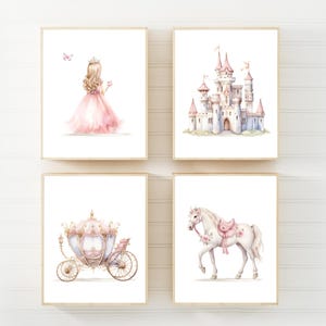 Classic Princess wall Art, Set of 4 Printable Nursery Art Prints, Princess Carriage and Castle Art, Girls Decor, Digital Download Art, H3249