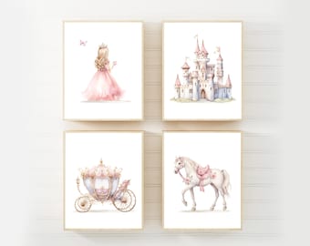 Classic Princess wall Art, Set of 4 Printable Nursery Art Prints, Princess Carriage and Castle Art, Girls Decor, Digital Download Art, H3249
