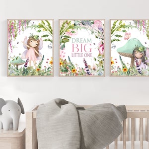 May include: Three watercolor prints featuring a fairy with wings, a mushroom with a fairy, and a floral wreath with the text "Dream Big Little One".