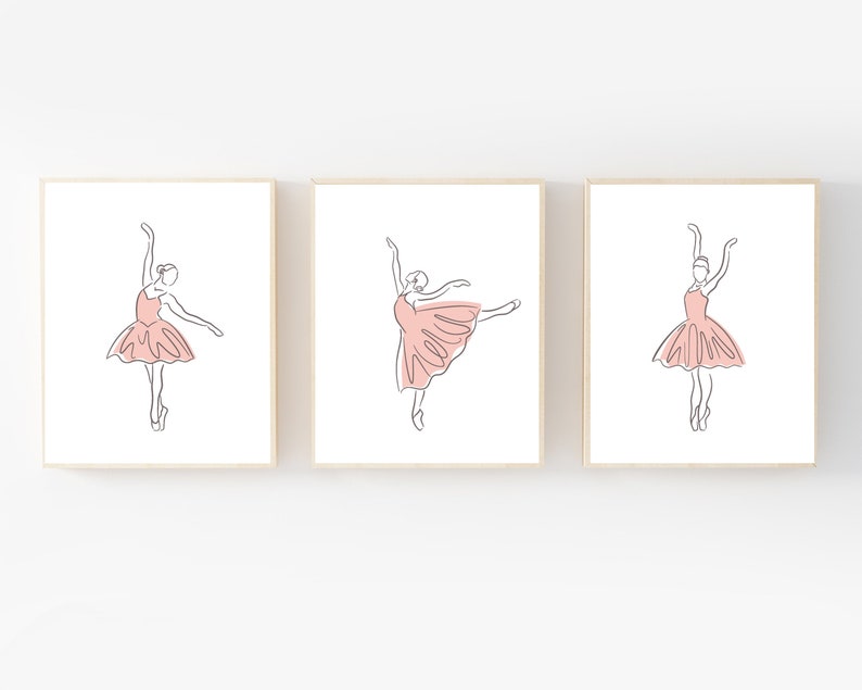 May include: Three minimalist line drawings of a ballerina in a pink tutu. The ballerina is in different poses, with one arm raised in the air, one leg extended, and one leg bent at the knee.