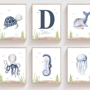 Láminas personalizadas para guarderías con motivos marinos, carteles de animales marinos náuticos, láminas personalizadas para guarderías de niños, decoración de salas de juegos, descarga digital, H3163