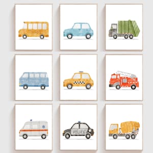 Transport Nursery Prints, Boy Room Wall Art, Boy Nursery Cars Decor, Cars Trucks Bus Vehicles Playroom Set of 9 Posters, Digital file H2971