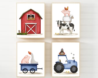 May include: Set of four watercolor illustrations featuring farm animals. The first image shows a red barn with a chicken inside. The second image shows a cow, sheep, pig, and chicken stacked on top of each other. The third image shows a pig and a goose in a blue wagon. The fourth image shows a blue tractor with a chicken on top.
