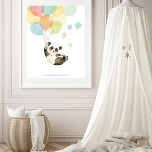 May include: A watercolor illustration of a panda bear holding onto colorful balloons. The panda is wearing a black and white fur coat and is smiling. The balloons are in shades of pink, yellow, green, and blue.