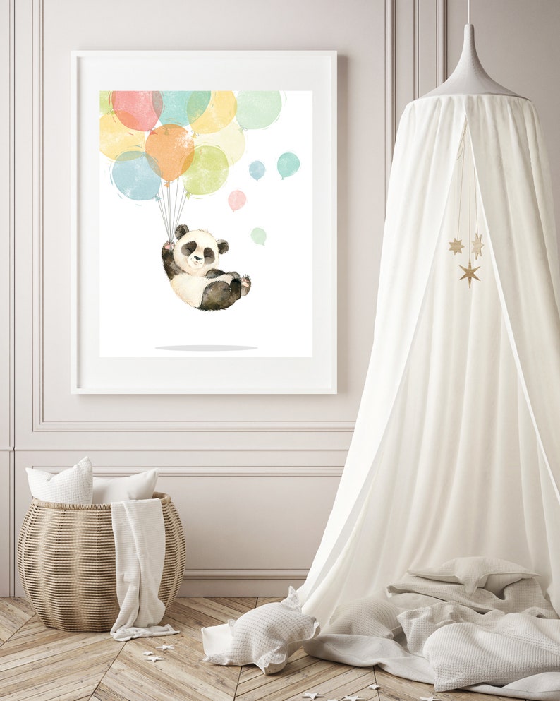 May include: A watercolor illustration of a panda bear holding onto colorful balloons. The panda is wearing a black and white fur coat and is smiling. The balloons are in shades of pink, yellow, green, and blue.