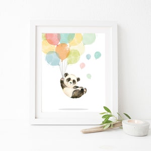 May include: A watercolor illustration of a panda bear holding onto colorful balloons. The panda is black and white and is flying in the air. The balloons are various shades of yellow, green, blue, and pink.