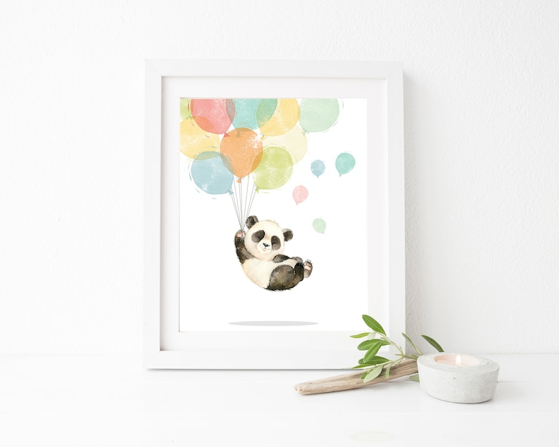 May include: A watercolor illustration of a panda bear holding onto colorful balloons. The panda is black and white and is flying in the air. The balloons are various shades of yellow, green, blue, and pink.