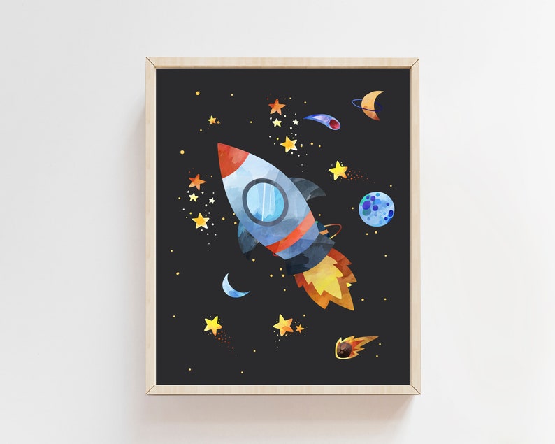 Rocket Ship Print Printable Wall Art Outer Space Nursery Etsy