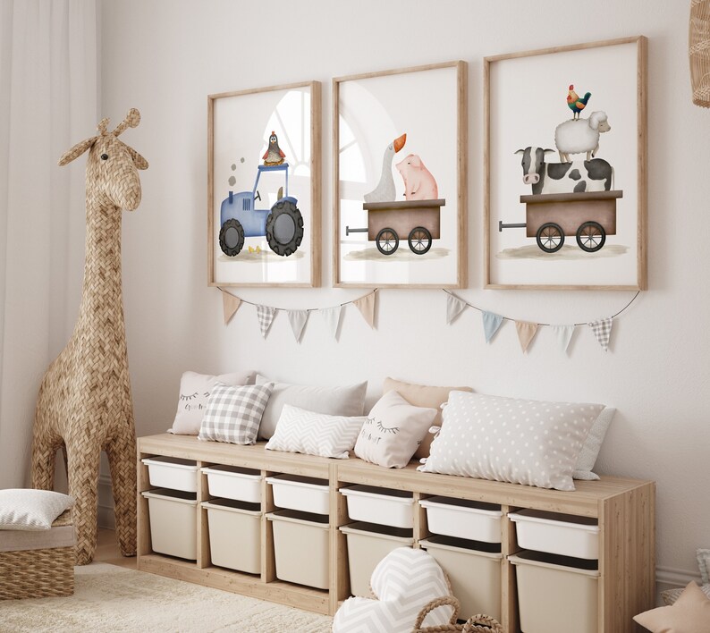 Set of 3 digital prints - Tractor with  Farm animals - Chicken, Rooster, Duck, Cow, Sheep and Pig.